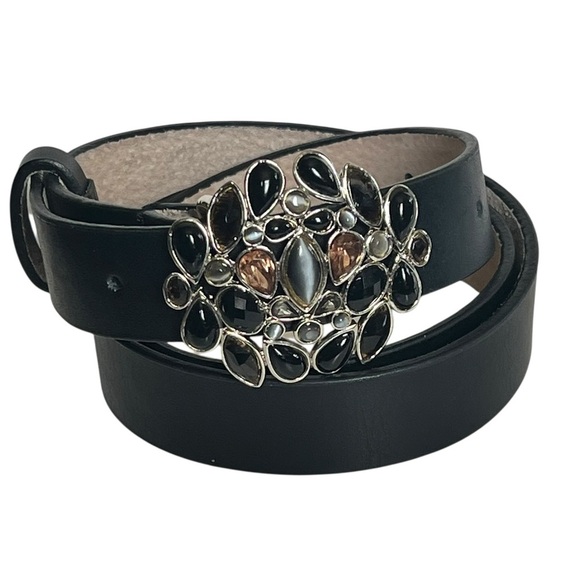 Vintage Liz Claiborne Genuine Leather Thin Black Belt Jeweled Buckle Boho Glam - Picture 1 of 5